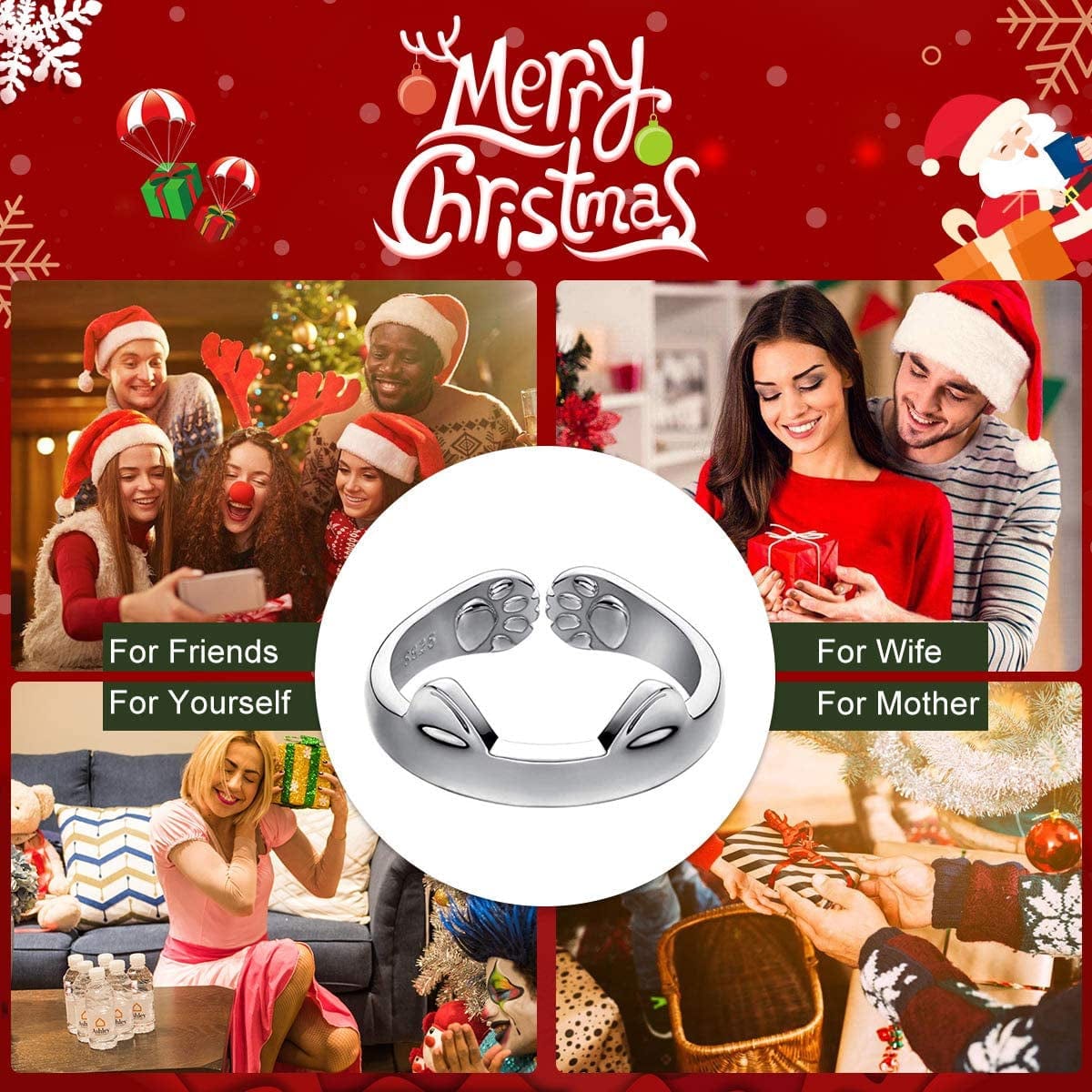 S925 Sterling Silver Cat Ears Open Tail Ring Paws Mutual Surrounded