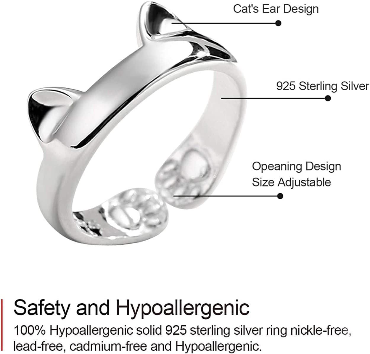 S925 Sterling Silver Cat Ears Open Tail Ring Paws Mutual Surrounded