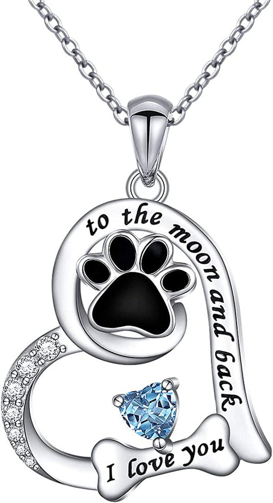 S925 Sterling Silver Dog Paw Love Heart Pendant Necklace Jewelry Gift for Women Mom Wife Paw Print & Bone Necklace