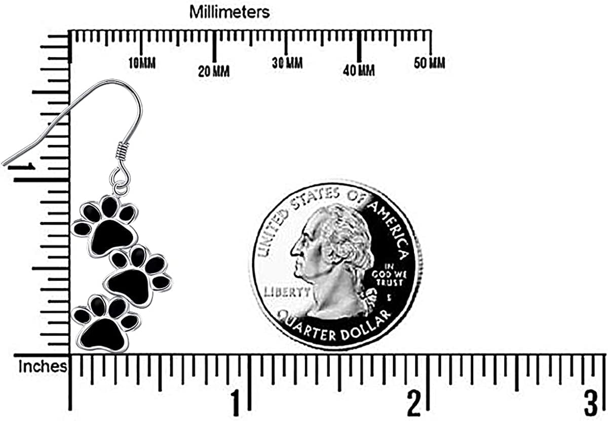 S925 Sterling Silver Jewelry Puppy Dog Cat Pet Paw Print Stud Earrings (Black Dangle)
