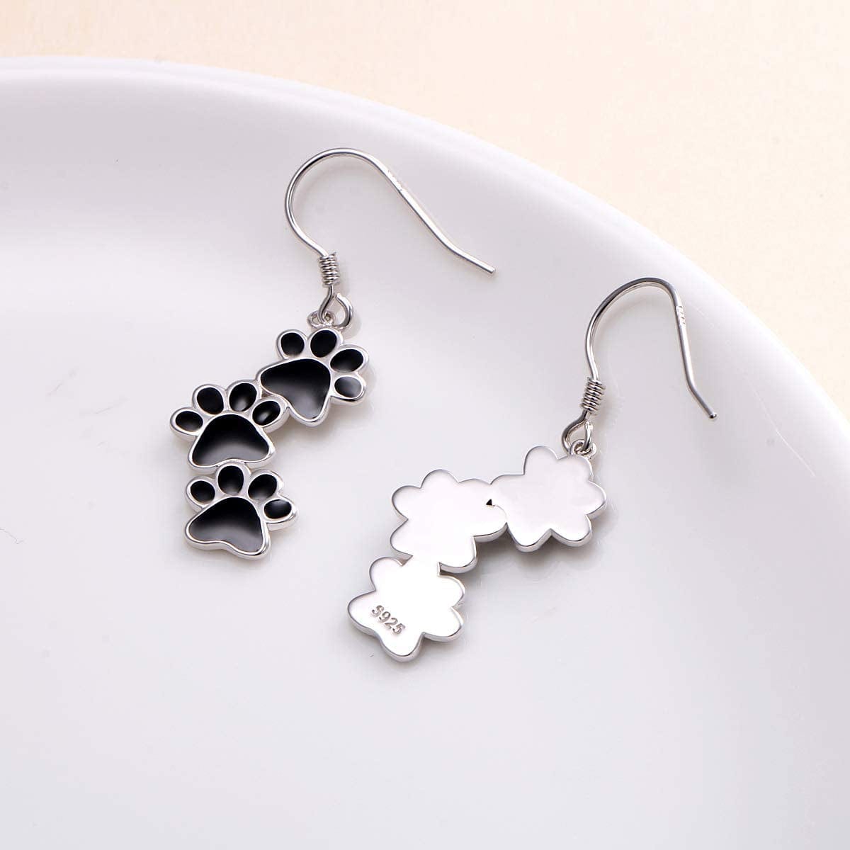 S925 Sterling Silver Jewelry Puppy Dog Cat Pet Paw Print Stud Earrings (Black Dangle)