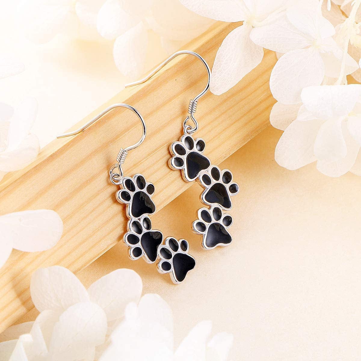 S925 Sterling Silver Jewelry Puppy Dog Cat Pet Paw Print Stud Earrings (Black Dangle)