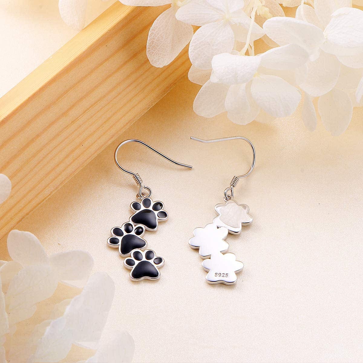 S925 Sterling Silver Jewelry Puppy Dog Cat Pet Paw Print Stud Earrings (Black Dangle)