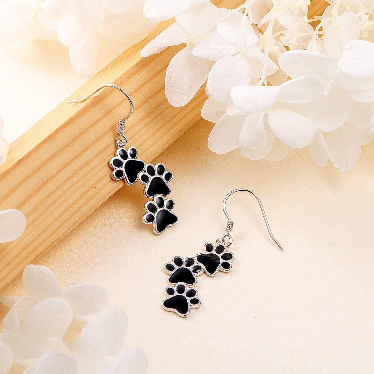 S925 Sterling Silver Jewelry Puppy Dog Cat Pet Paw Print Stud Earrings (Black Dangle)