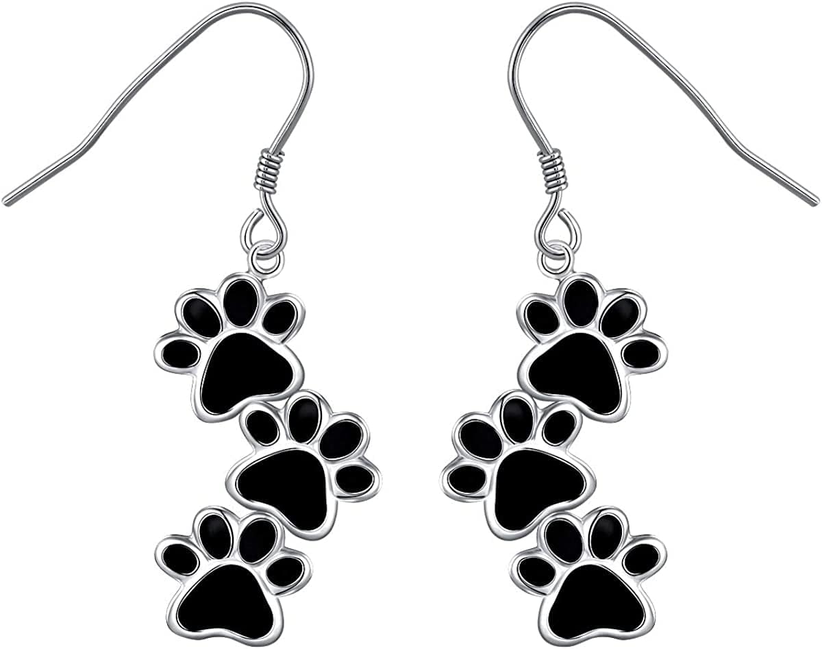 S925 Sterling Silver Jewelry Puppy Dog Cat Pet Paw Print Stud Earrings (Black Dangle)