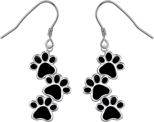 S925 Sterling Silver Jewelry Puppy Dog Cat Pet Paw Print Stud Earrings (Black Dangle)