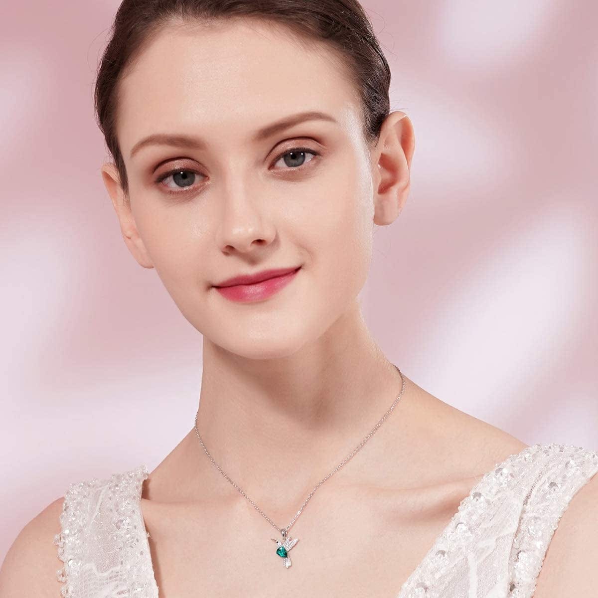 S925 Sterling Silver Necklace for Women with Hummingbird Pendant Embelished with Beautiful Crystals.