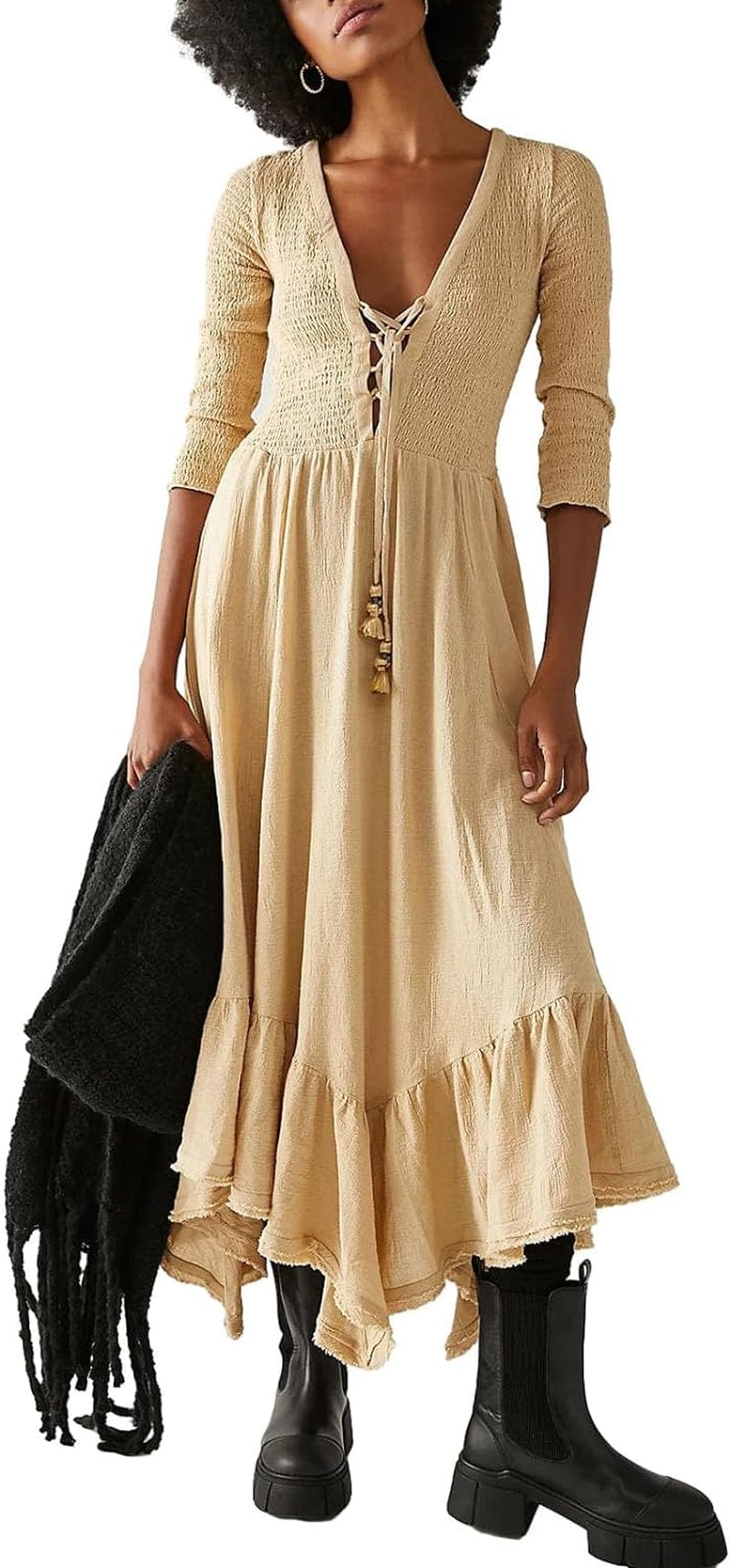 Sawakaka Women Boho Flowy Maxi Dress for Women Casual Puff Long Sleeve V Neck Embroidered Swing Tiered Free Beach Long Dress A-Apricot / Large