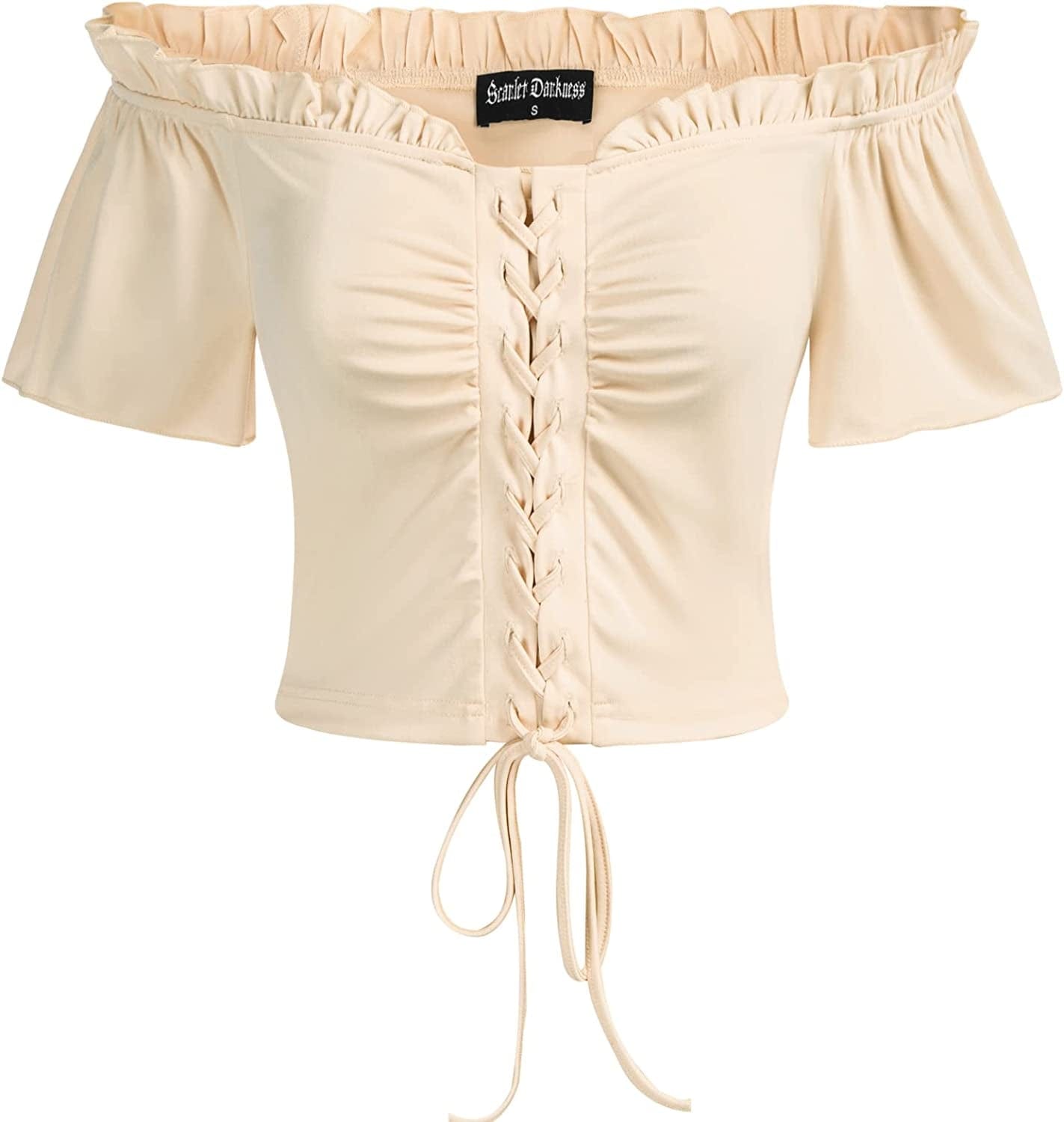 Scarlet Darkness Women Renaissance Peasant Crop Top off Shoulder Lace-Up Blouse Apriot / X-Large