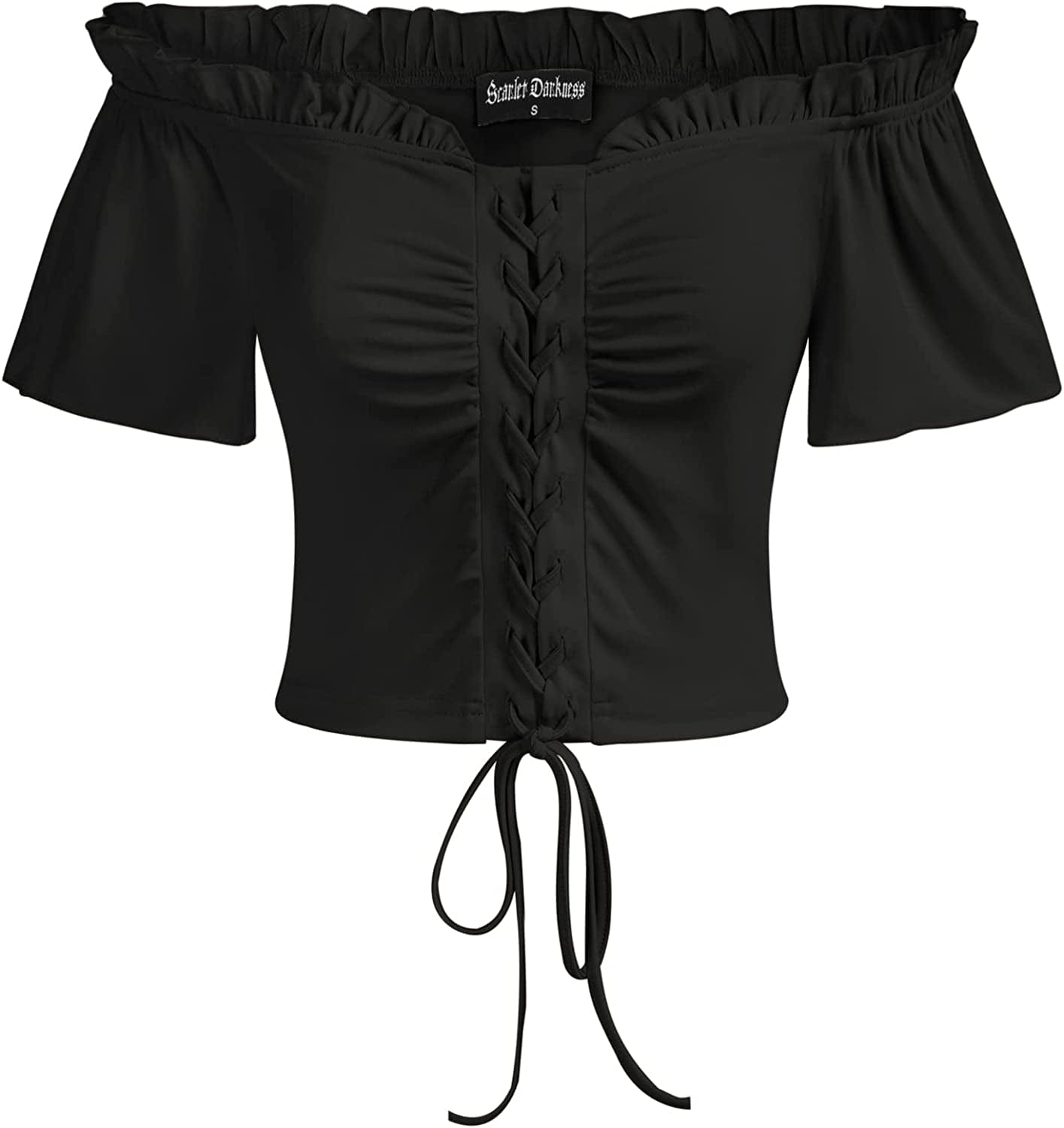 Scarlet Darkness Women Renaissance Peasant Crop Top off Shoulder Lace-Up Blouse Black / Small