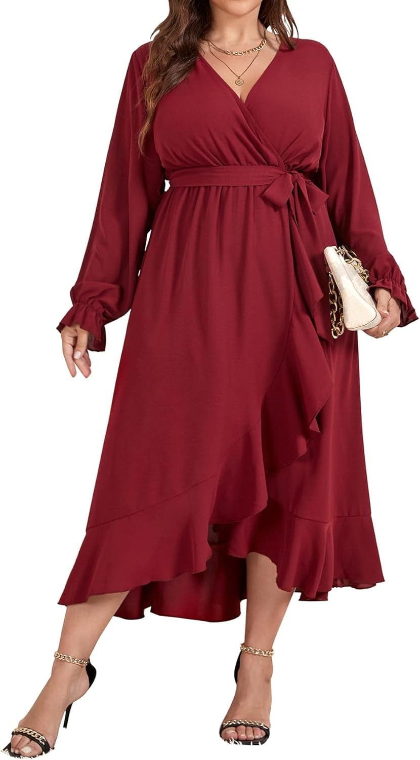 SCOMCHIC Women plus Size Maxi Dress Long Sleeve Wrap V Neck High Low Split Ruffle Long Dress with Belt Burgundy / Xx-Large Plus