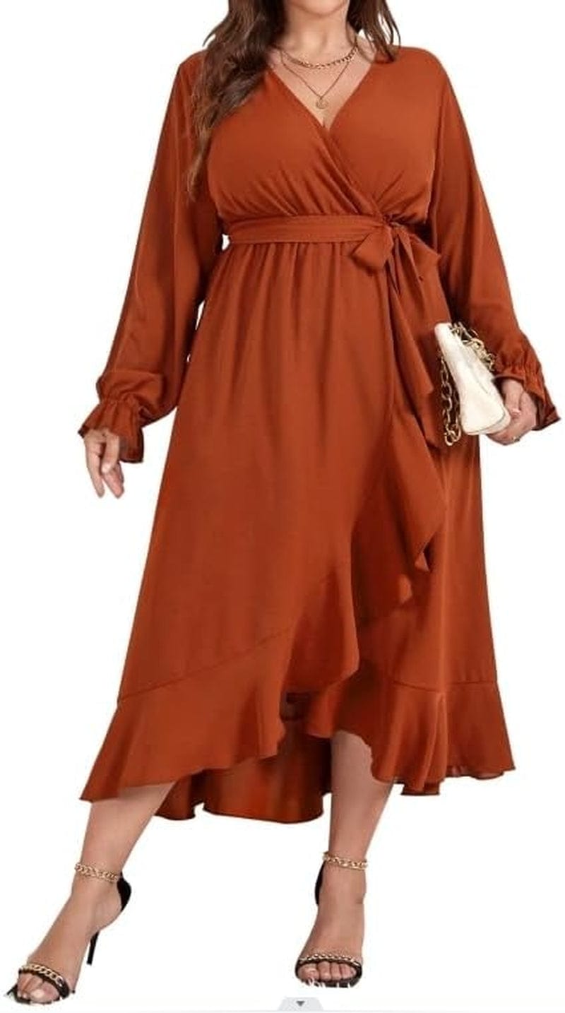 SCOMCHIC Women plus Size Maxi Dress Long Sleeve Wrap V Neck High Low Split Ruffle Long Dress with Belt Rust / Xx-Large Plus