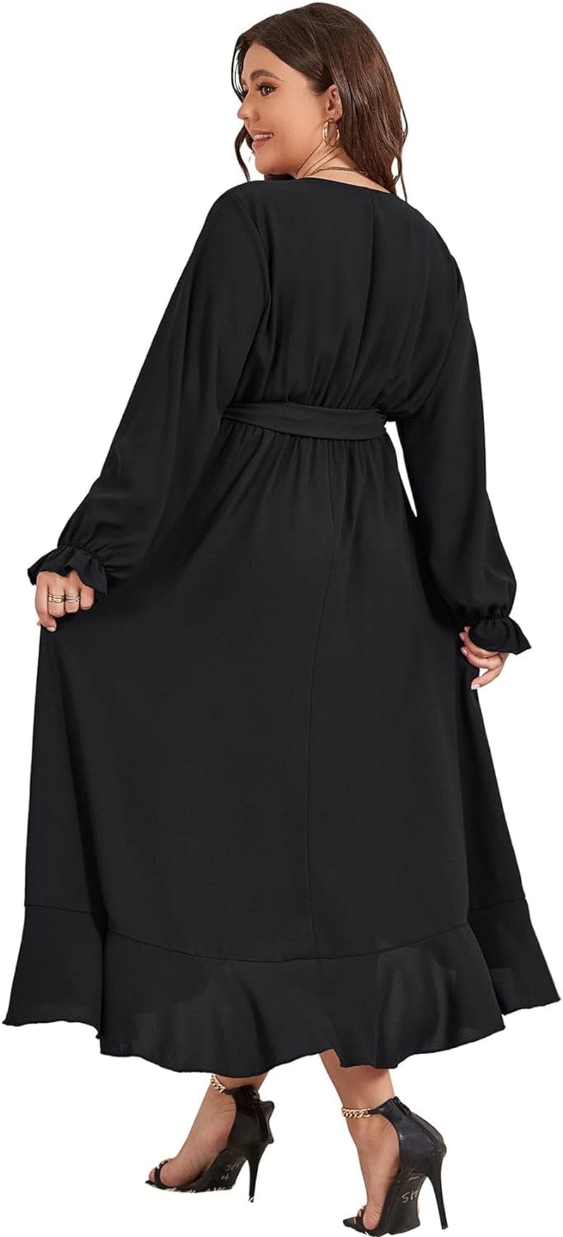 SCOMCHIC Women plus Size Maxi Dress Long Sleeve Wrap V Neck High Low Split Ruffle Long Dress with Belt