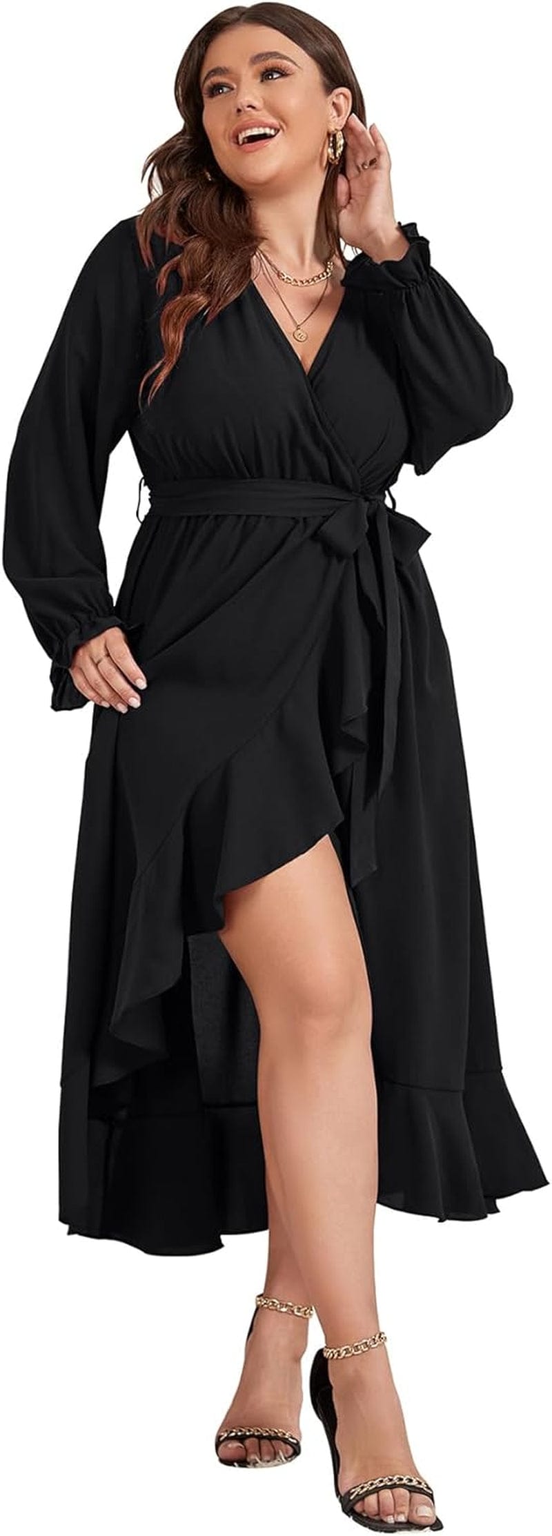 SCOMCHIC Women plus Size Maxi Dress Long Sleeve Wrap V Neck High Low Split Ruffle Long Dress with Belt
