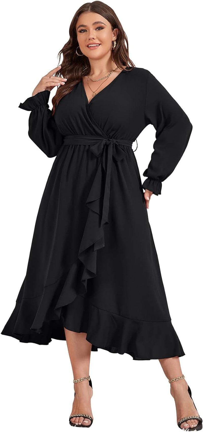 SCOMCHIC Women plus Size Maxi Dress Long Sleeve Wrap V Neck High Low Split Ruffle Long Dress with Belt