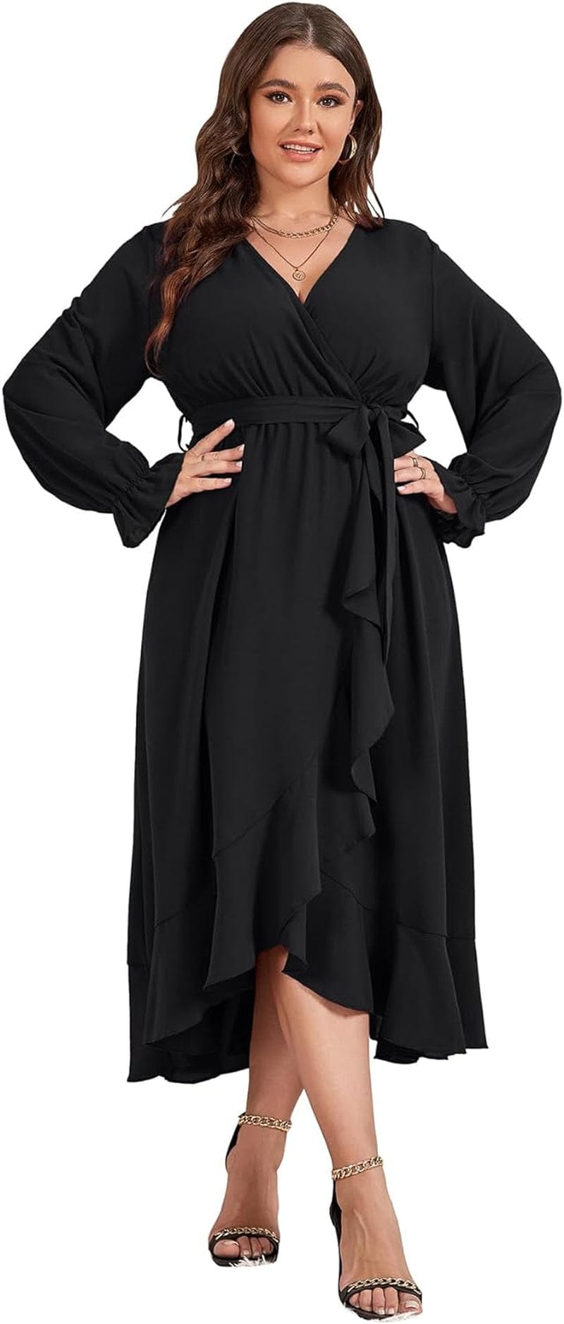 SCOMCHIC Women plus Size Maxi Dress Long Sleeve Wrap V Neck High Low Split Ruffle Long Dress with Belt