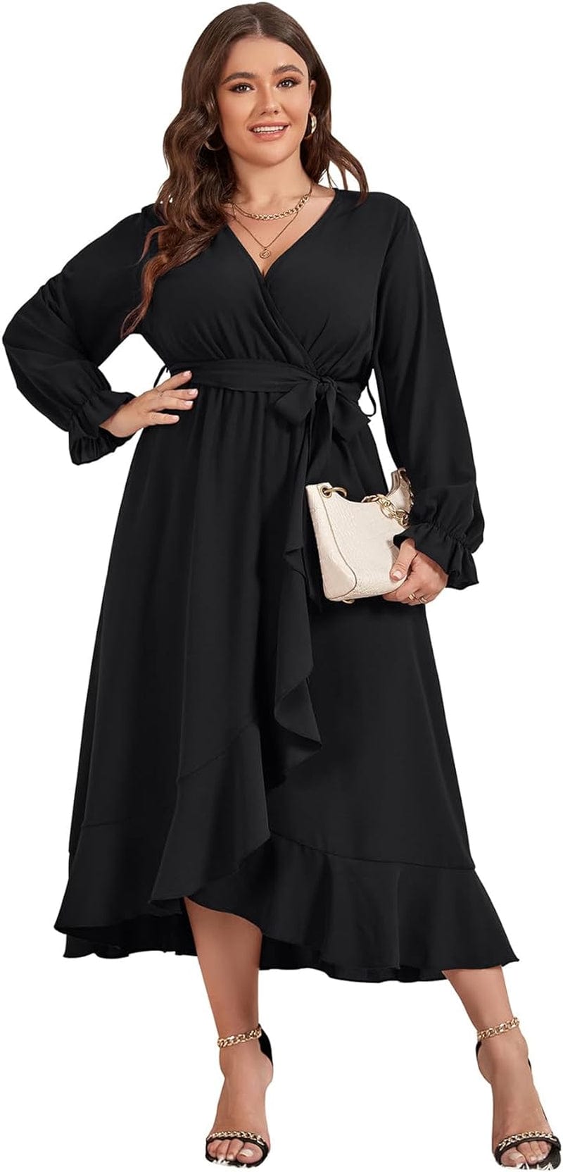 SCOMCHIC Women plus Size Maxi Dress Long Sleeve Wrap V Neck High Low Split Ruffle Long Dress with Belt