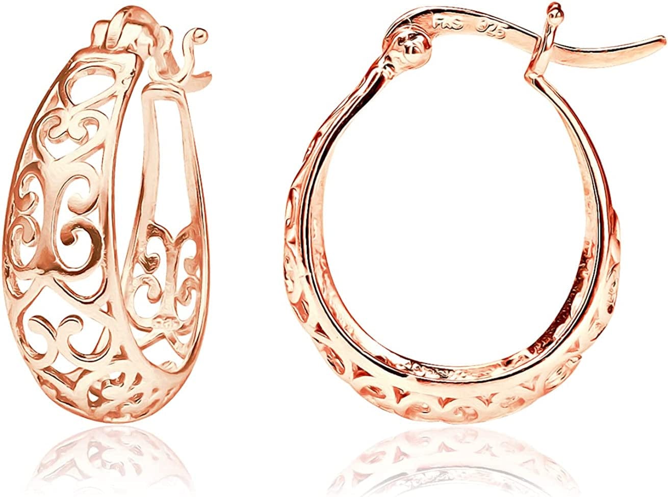 Sea of Ice Heart Filigree Oval Hoop Earrings for Women – Sterling Silver Earing – Elegant Filigree Trendy Jewelry Rose Gold