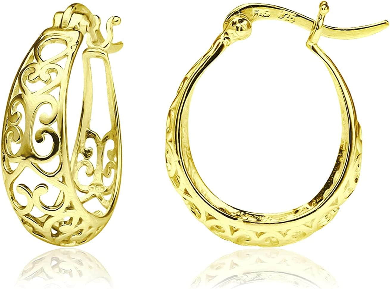 Sea of Ice Heart Filigree Oval Hoop Earrings for Women – Sterling Silver Earing – Elegant Filigree Trendy Jewelry Yellow Gold