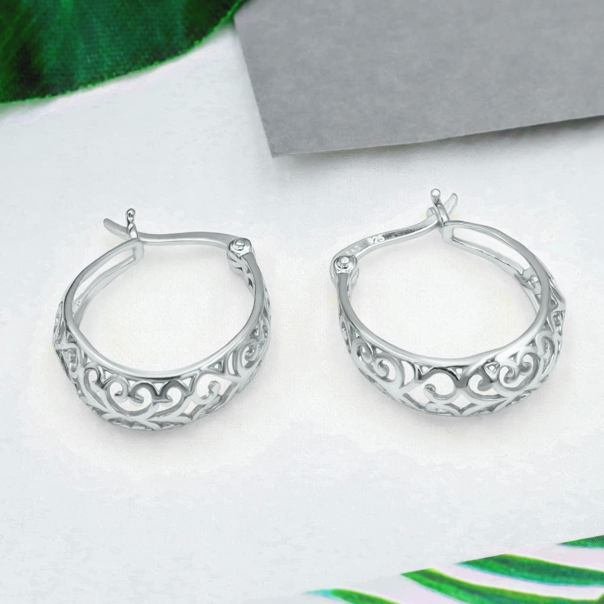 Sea of Ice Heart Filigree Oval Hoop Earrings for Women – Sterling Silver Earing – Elegant Filigree Trendy Jewelry