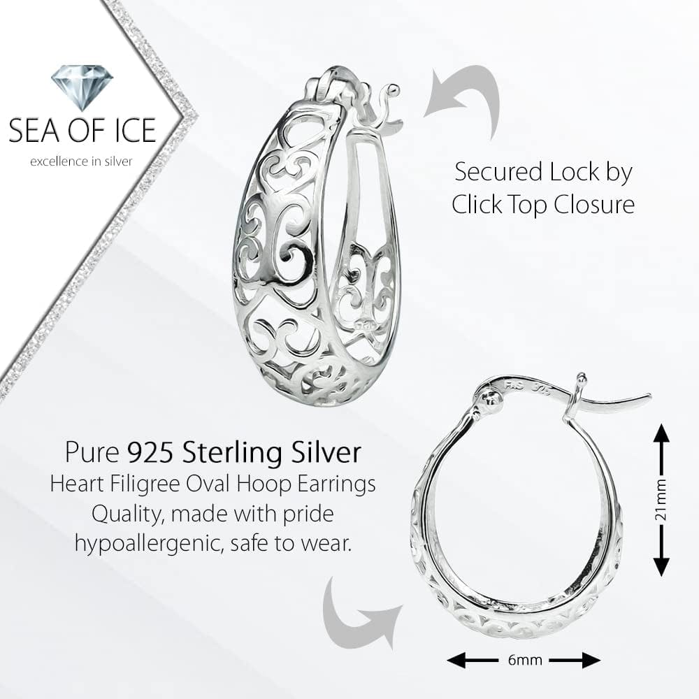 Sea of Ice Heart Filigree Oval Hoop Earrings for Women – Sterling Silver Earing – Elegant Filigree Trendy Jewelry
