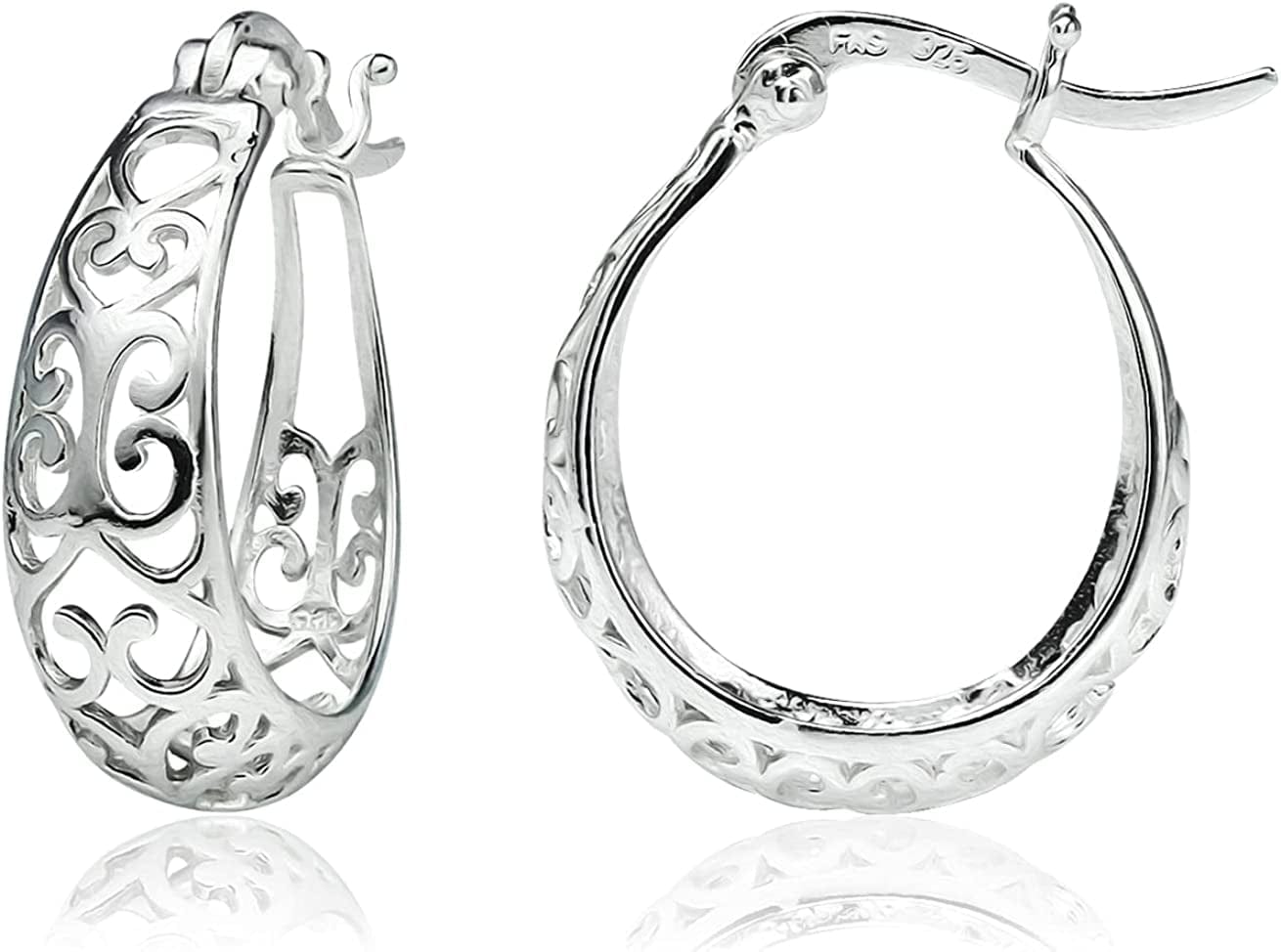 Sea of Ice Heart Filigree Oval Hoop Earrings for Women – Sterling Silver Earing – Elegant Filigree Trendy Jewelry Silver