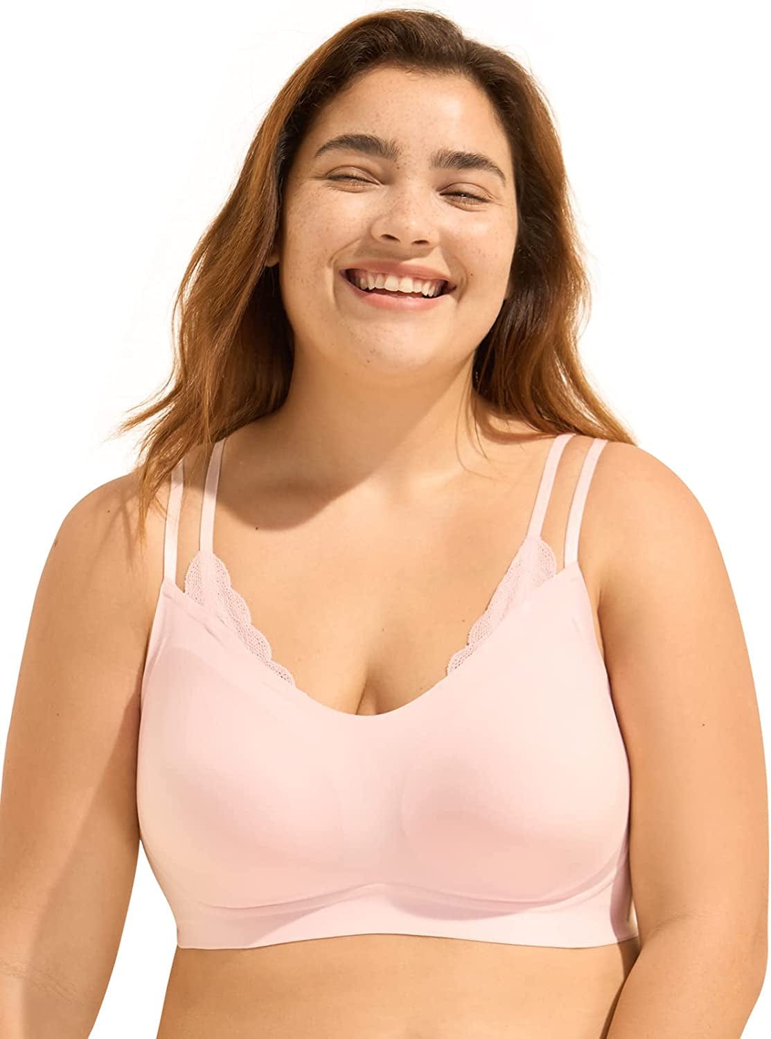 Seamless Bra 7-24Hour Comfort Fixed Pad Wireless Bras for Women,Lace Bra Triangle,Full Coverage Bralettes for Women Retro Pink / XX-Large