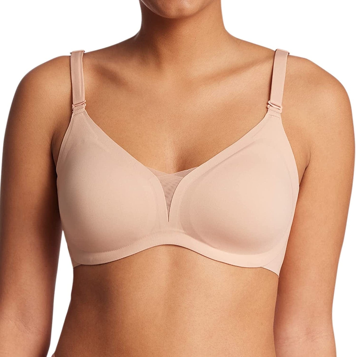 Seamless Bra Supportive Wireless Bra for Women plus Size Comfort Bra Deep-V Meshed Neck Invisible Bralette YN48 Beige / X-Large