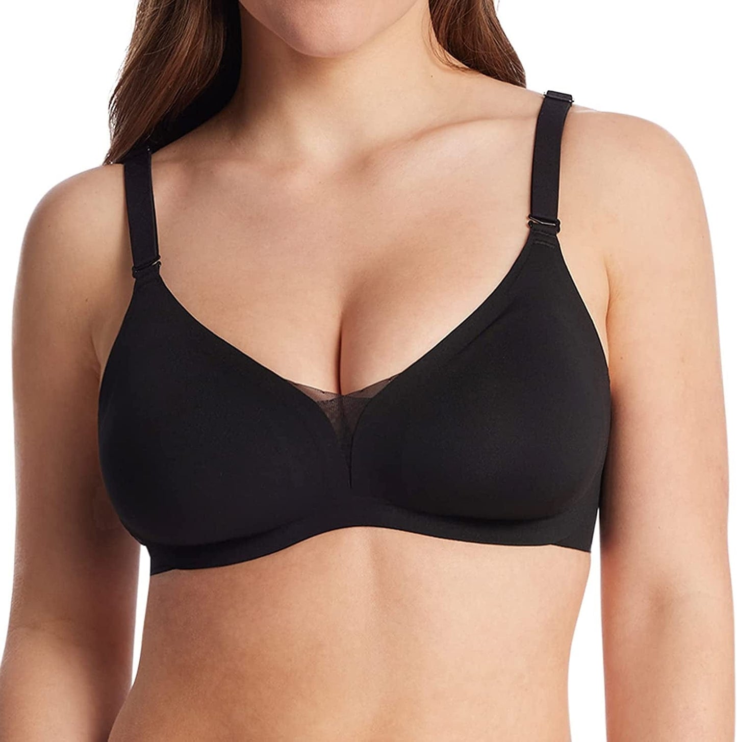 Seamless Bra Supportive Wireless Bra for Women plus Size Comfort Bra Deep-V Meshed Neck Invisible Bralette YN48 Black / Medium