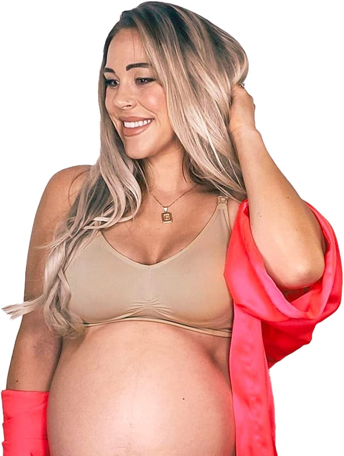 Seamless Nursing Maternity Bra | No Moving Pads, Wirefree Supportive Clip down Bras for Pregnancy/Breastfeeding Women Nude / Medium