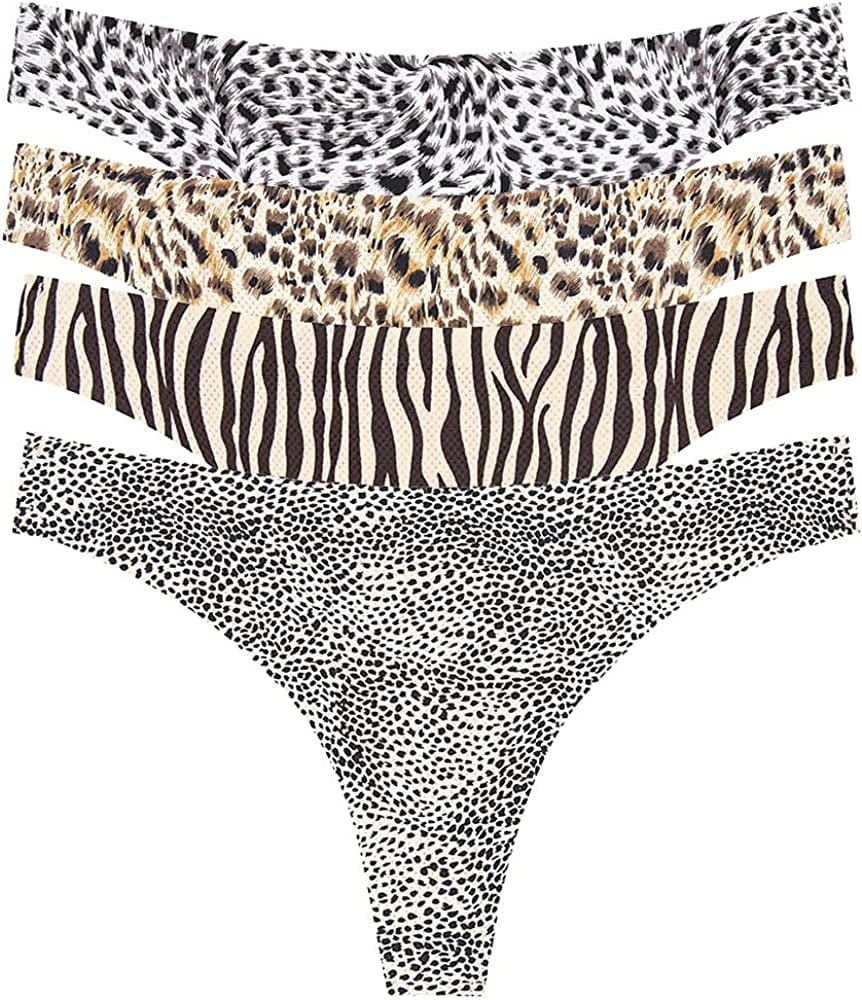 Seamless Thongs for Women No Show Thong Underwear Print T-Back Low Rise Invisible Breathable 5 Pack D- 4 Pack / Small