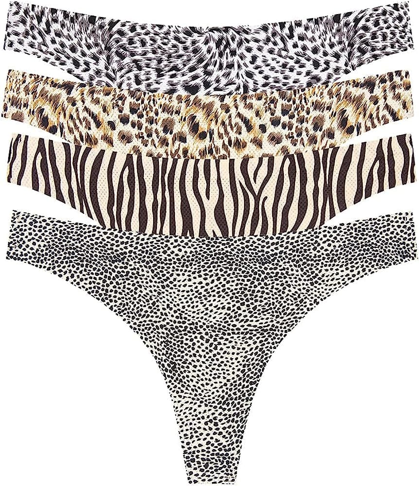 Seamless Thongs for Women No Show Thong Underwear Print T-Back Low Rise Invisible Breathable 5 Pack D- 4 Pack / X-Large