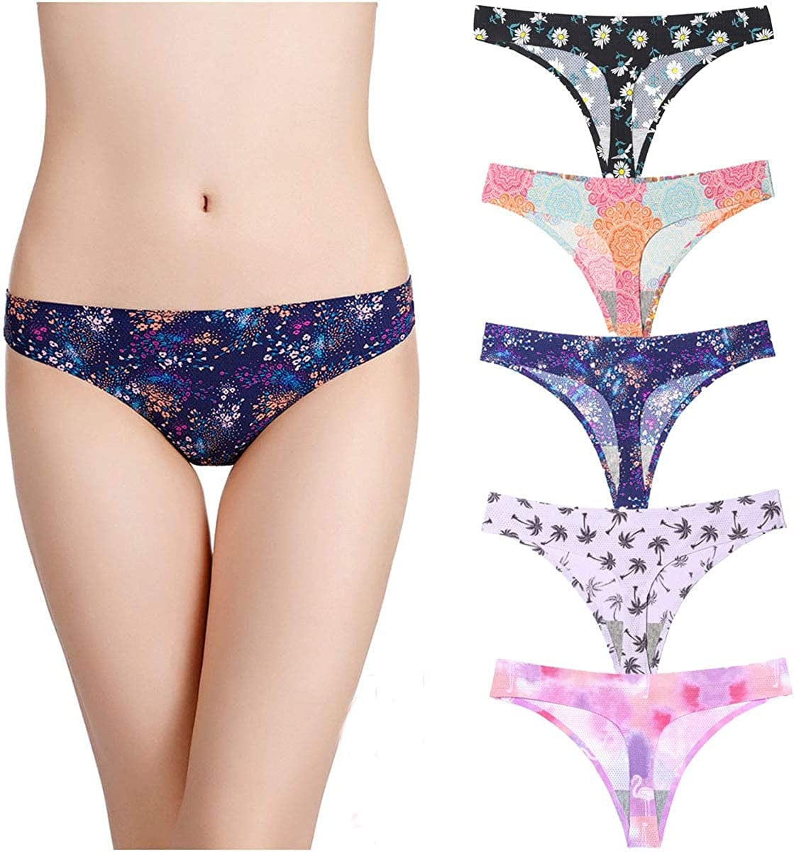 Seamless Thongs for Women No Show Thong Underwear Print T-Back Low Rise Invisible Breathable 5 Pack A-5 Pack / Medium