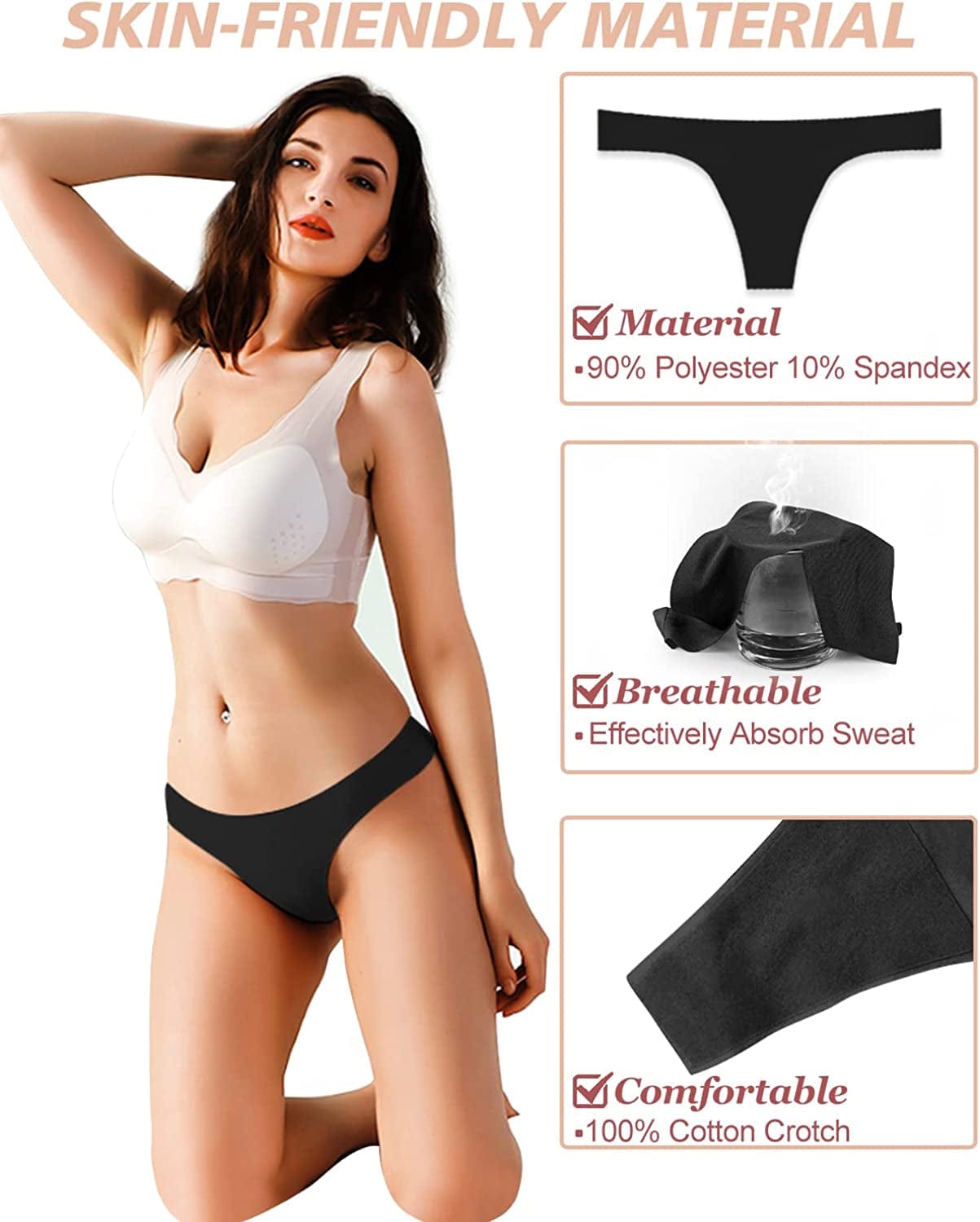 Seamless Thongs for Women No Show Thong Underwear Women Low Rise Sexy Panties 3-6 Pack