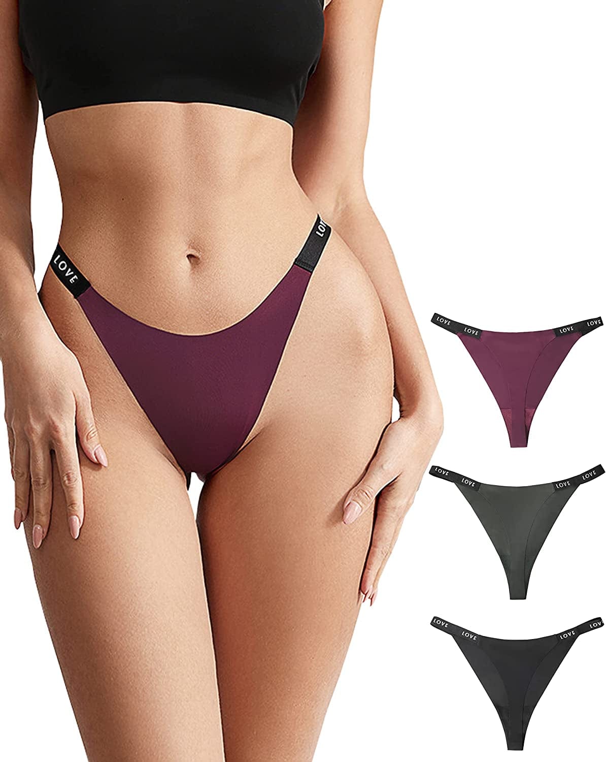 Seamless Thongs for Women Pack,High Waisted G String Thongs for Women,Cotton Thongs for Women Sexy 3-6 Pack Set Black-purplish Red-dark Green / Medium