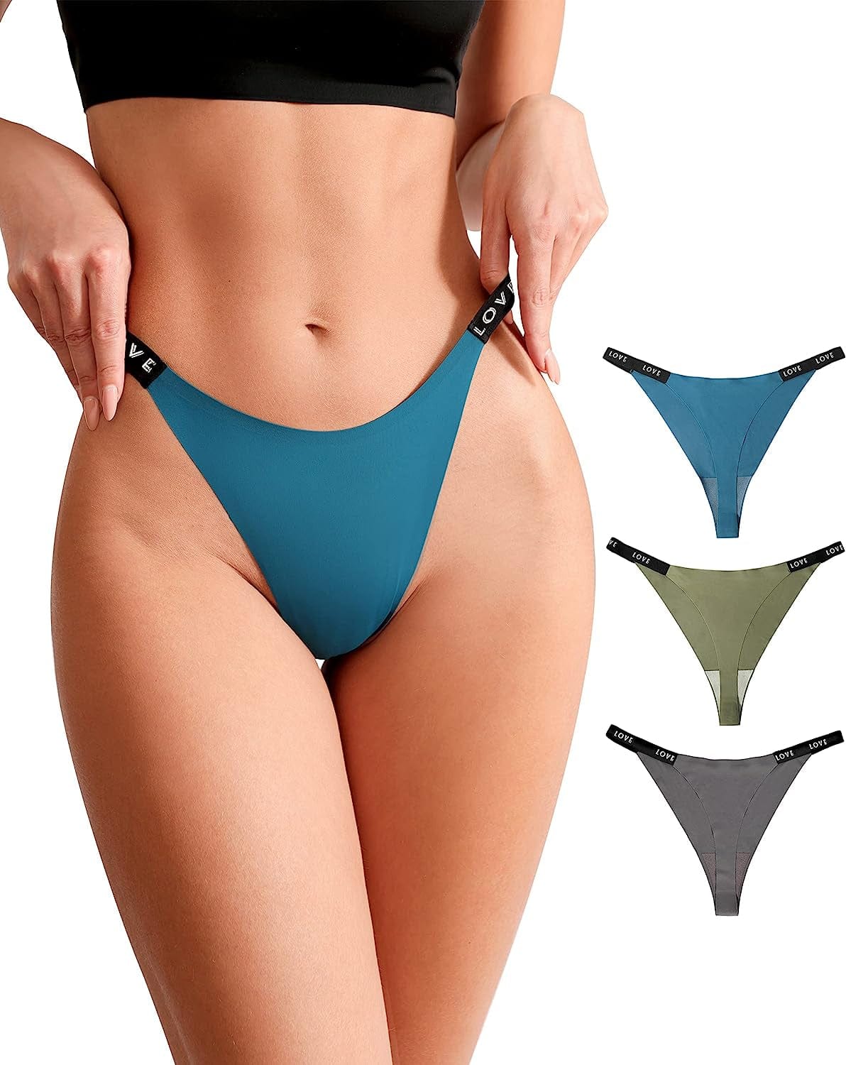 Seamless Thongs for Women Pack,High Waisted G String Thongs for Women,Cotton Thongs for Women Sexy 3-6 Pack Set Malachite Blue-light Green-grey / Large