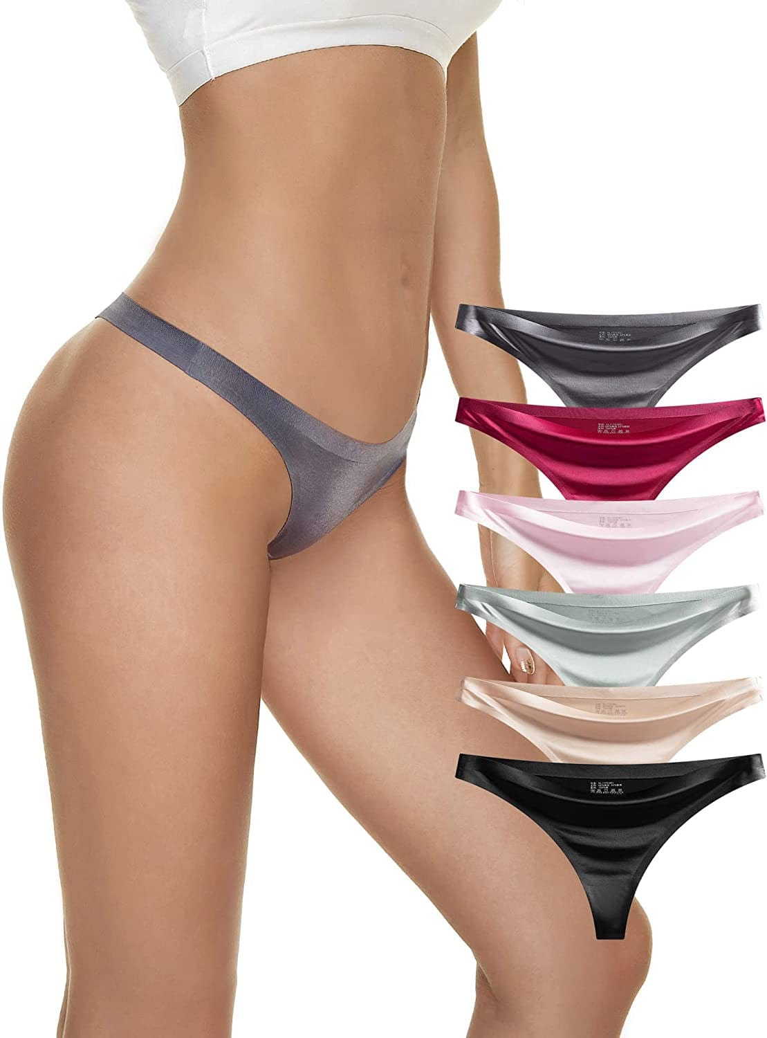 Seamless Thongs for Women Pack Thong Underwear Women Silk No Show Thongs for Women Satin Thong Panties for Women Dark Gray, Wine Red, Light Green, Pink, Apricol, Black / X-Large