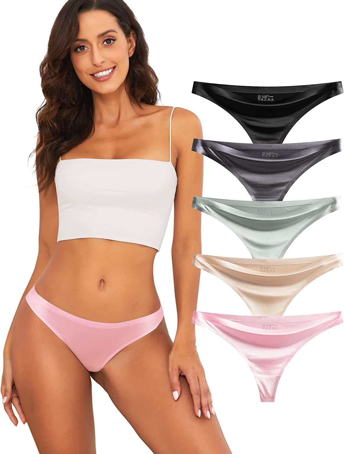 Seamless Thongs for Women Pack Thong Underwear Women Silk No Show Thongs for Women Satin Thong Panties for Women Dark Gray, Light Green, Pink, Apricot, Black / X-Large