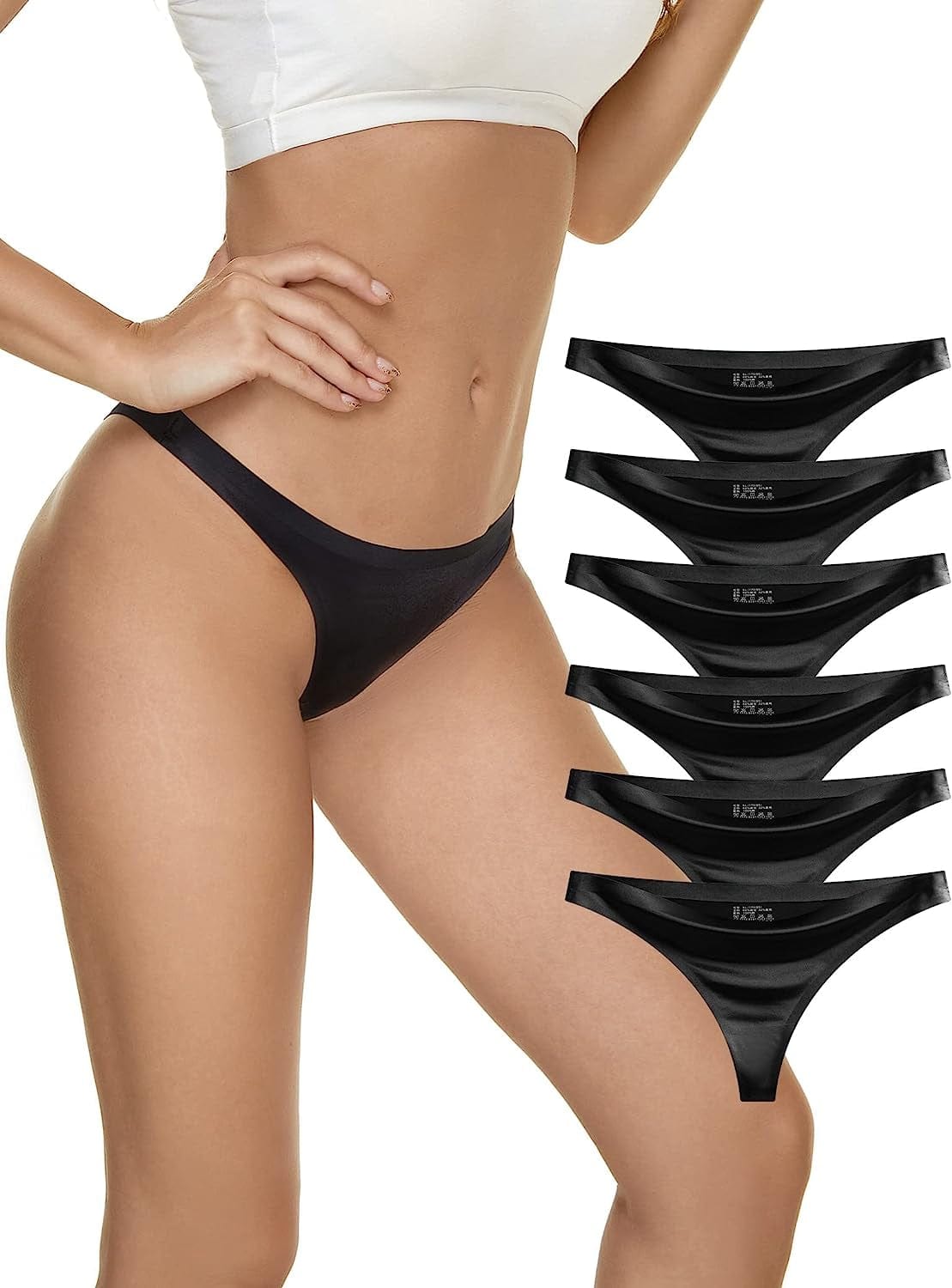 Seamless Thongs for Women Pack Thong Underwear Women Silk No Show Thongs for Women Satin Thong Panties for Women Black*6 / Medium