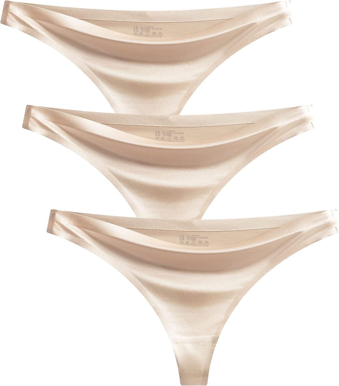 Seamless Thongs for Women Pack Thong Underwear Women Silk No Show Thongs for Women Satin Thong Panties for Women Apricot*3 / X-Large