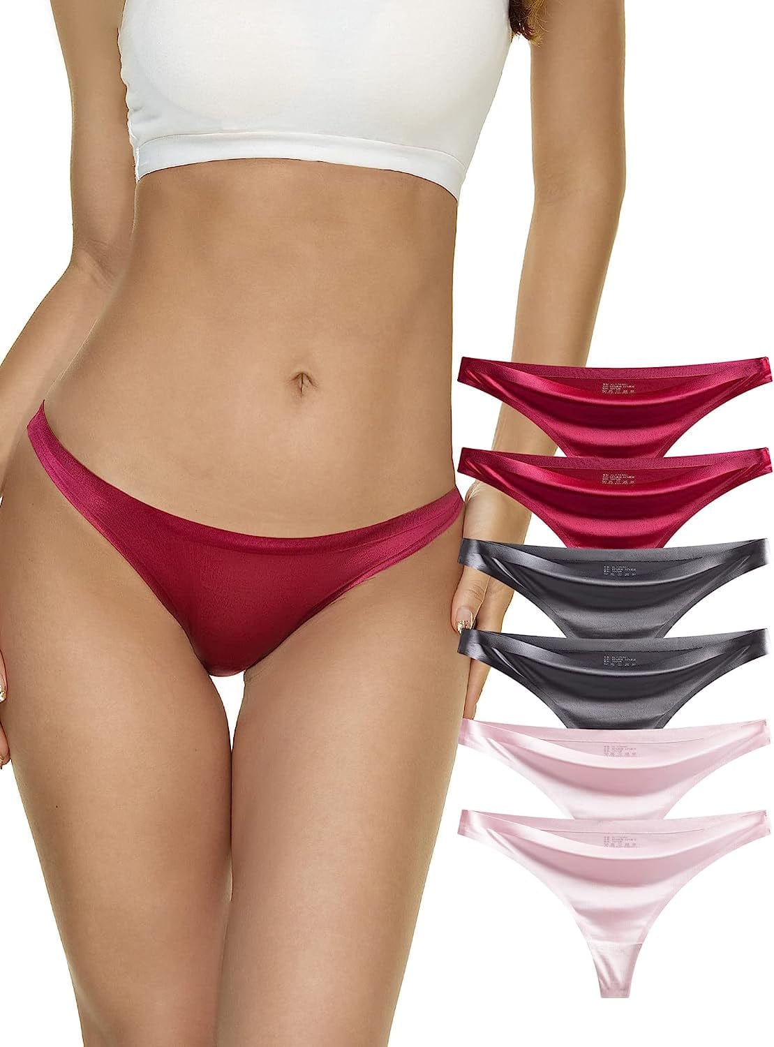Seamless Thongs for Women Pack Thong Underwear Women Silk No Show Thongs for Women Satin Thong Panties for Women Wine Red*2, Dark Gray*2, Pink*2 / X-Large