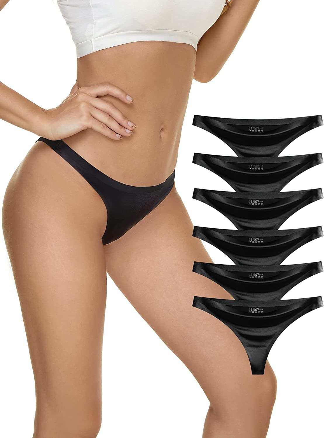Seamless Thongs for Women Pack Thong Underwear Women Silk No Show Thongs for Women Satin Thong Panties for Women Black*6 / X-Large