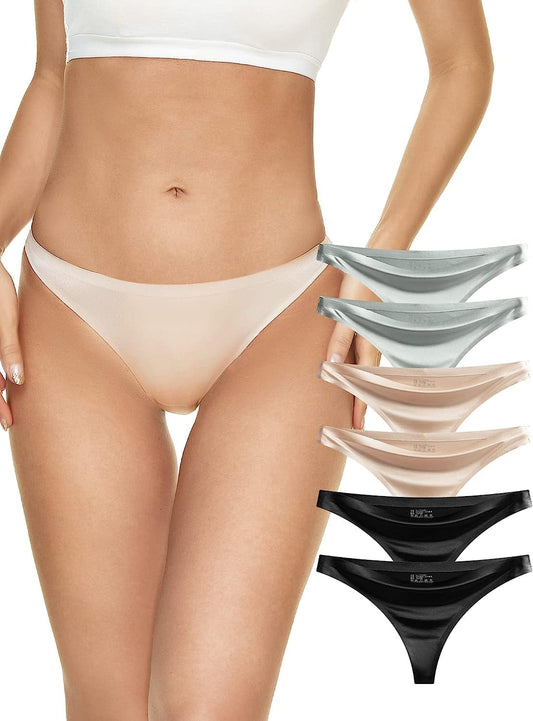 Seamless Thongs for Women Pack Thong Underwear Women Silk No Show Thongs for Women Satin Thong Panties for Women Light Green*2, Apricol*2, Black*2 / Small