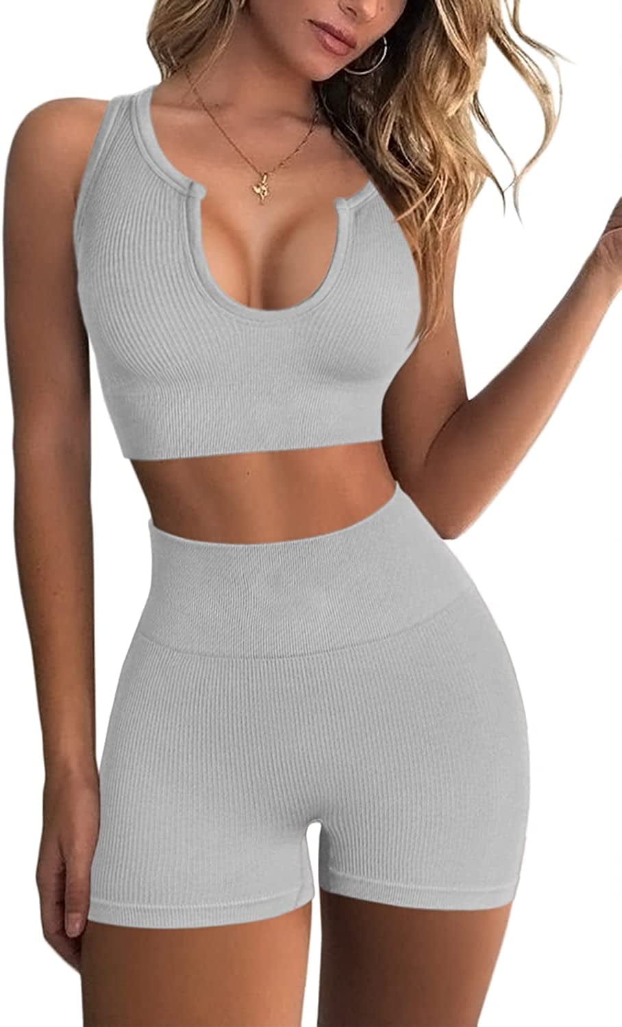 Seamless Workout Sets for Women Ribbed Sport Bra High Waist Running Shorts Gym 2 Piece Yoga Sets Light Grey / Medium