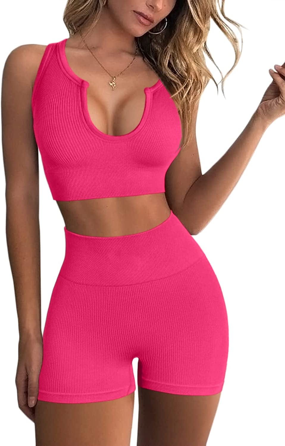 Seamless Workout Sets for Women Ribbed Sport Bra High Waist Running Shorts Gym 2 Piece Yoga Sets Rosy / Medium