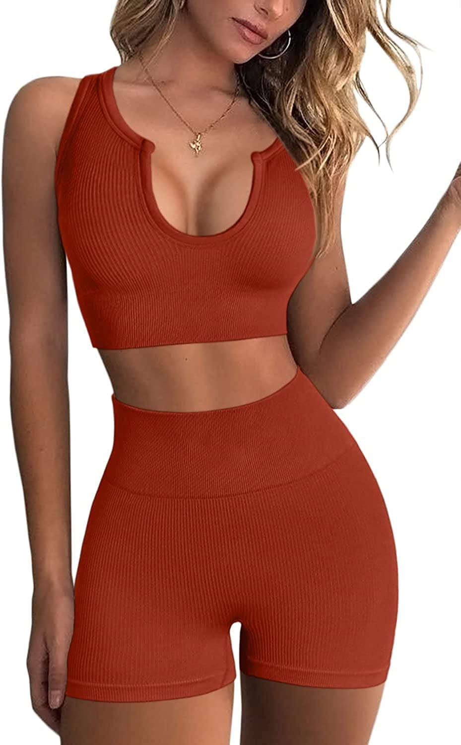 Seamless Workout Sets for Women Ribbed Sport Bra High Waist Running Shorts Gym 2 Piece Yoga Sets Brick Red / Medium