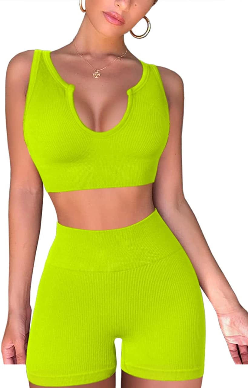 Seamless Workout Sets for Women Ribbed Sport Bra High Waist Running Shorts Gym 2 Piece Yoga Sets Neon Green / Medium