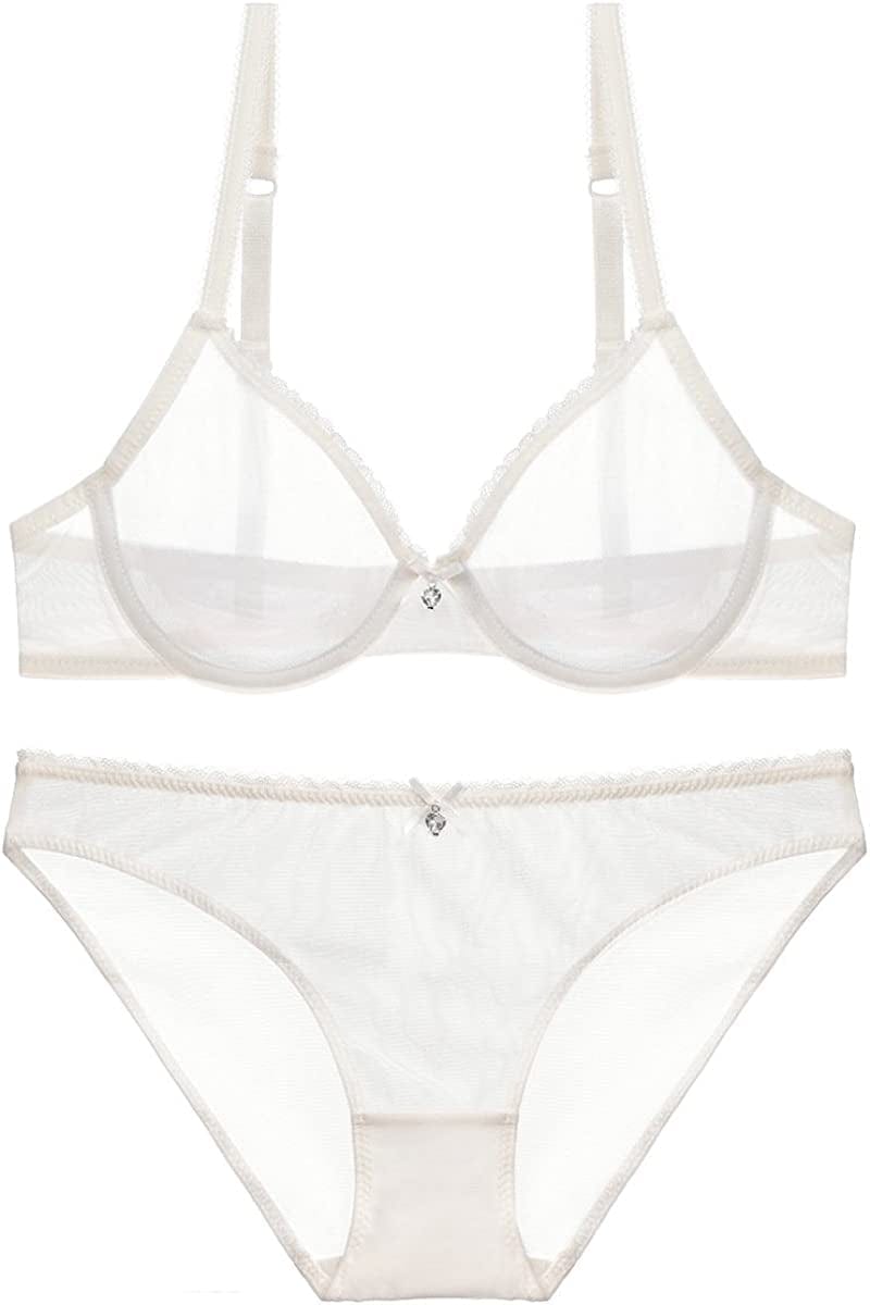 See through Bra and Panties, Sheer Mesh Bra and Panty Set for Women Sexy, Unlined Lace Bra, Underwire Bra White1 / 38D