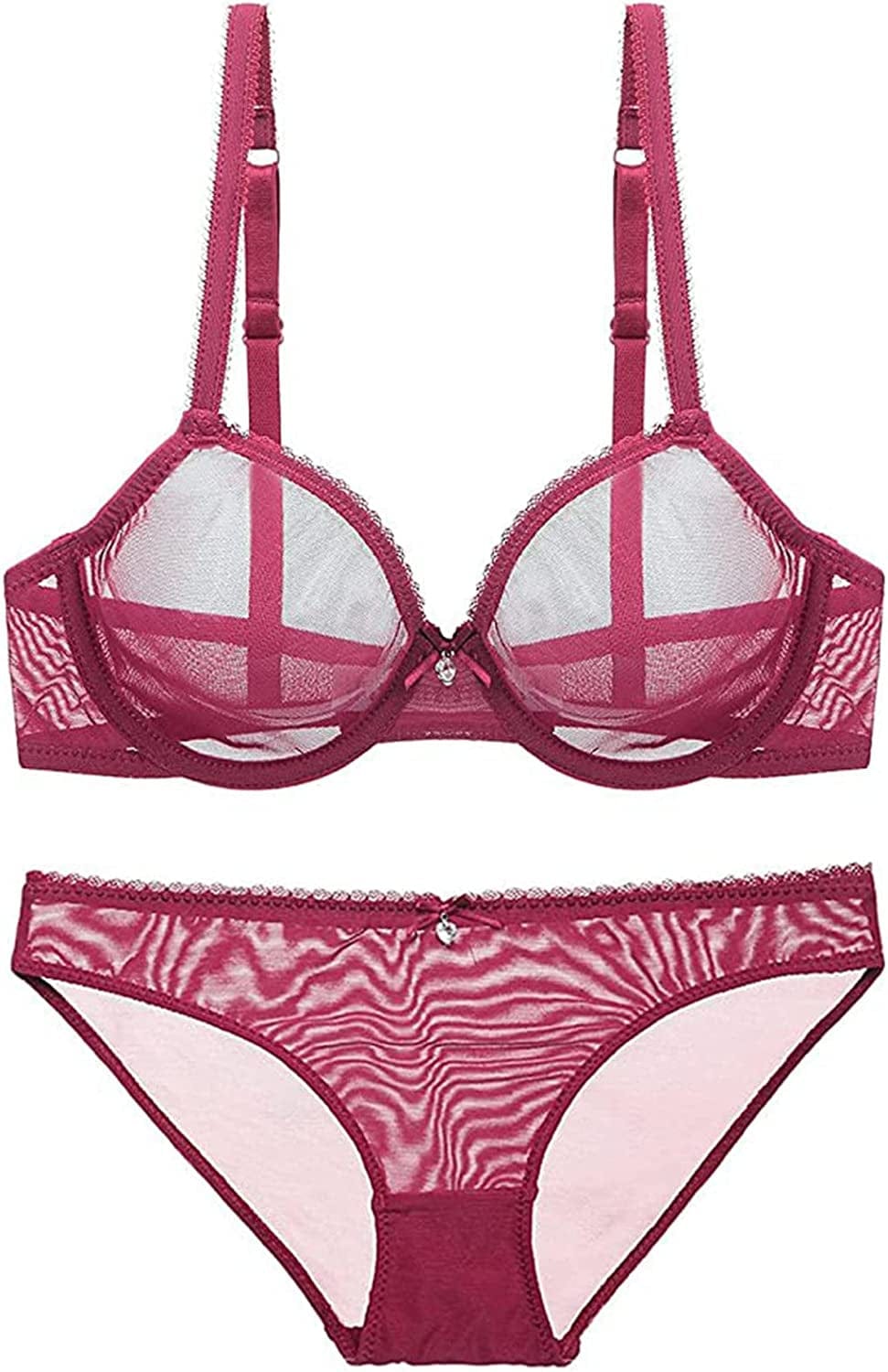 See through Bra and Panties, Sheer Mesh Bra and Panty Set for Women Sexy, Unlined Lace Bra, Underwire Bra Red / 40D