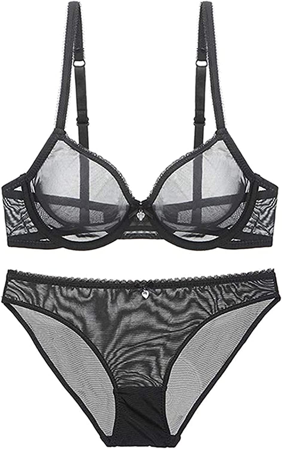 See through Bra and Panties, Sheer Mesh Bra and Panty Set for Women Sexy, Unlined Lace Bra, Underwire Bra Black / 40D